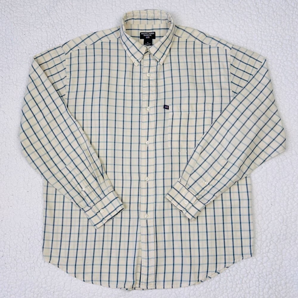 Ralph Lauren Jeans Co. Button Down Shirt Men's Size M Beige Plaid Light Flannel